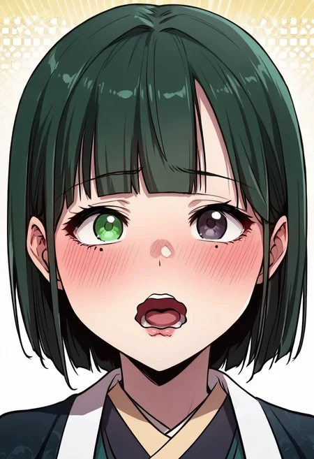 score_9, score_8_up, score_7_up, source_anime,anime screencap, anime coloring,intricate details,rating_safe, masterpiece, best quality,
(best quality, absurd res, ultra detailed),1girl, ((solo)), good eyes,perfect eyes,,detailed eyes, zPDXLxxx , zPDXL3,detailed, detailed face, <lora:add-detail-xl:3>,
BREAK
<lora:Tang-Soyeol:0.8>, soyeol, green hair, short hair, bangs, heterochromia, mole under eye, Japanese clothes,
blush,wavy mouth,open mouth,