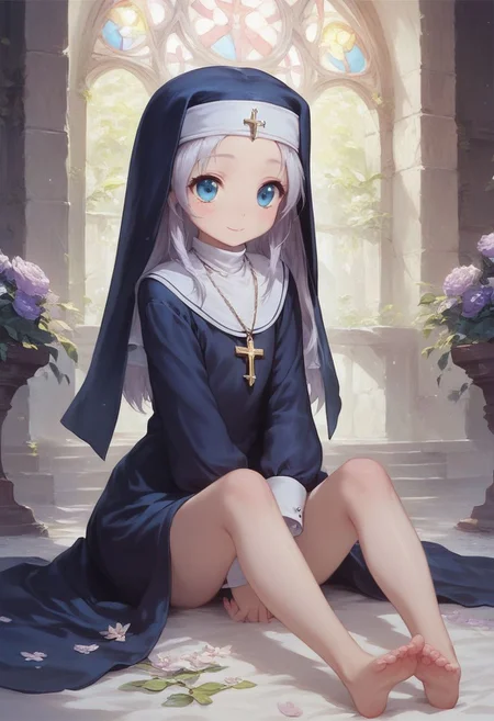 score_9, score_8_up, score_7_up, maria, nun,1girl, long hair, detailed blue eyes, cute, adorable, innocent, full body shot, detailed, pure, soft, young, sitting