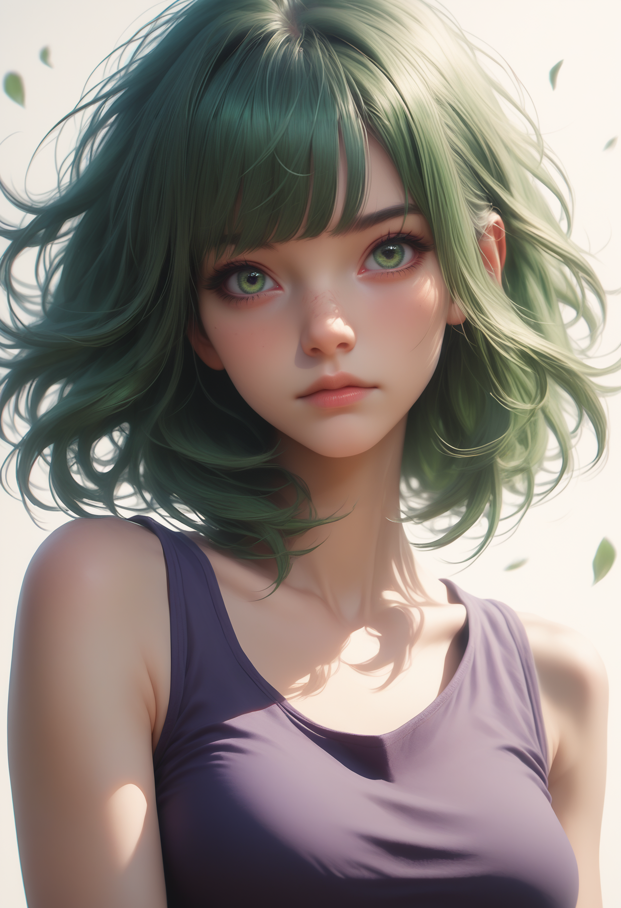 score_9, score_8_up, score_7_up, rating_safe,
1girl, solo, purple tank top,
 <lora:Dark_Sylvie_Pony_v0.1:0.5> d4rksylv13, bangs, green hair, green eyes,