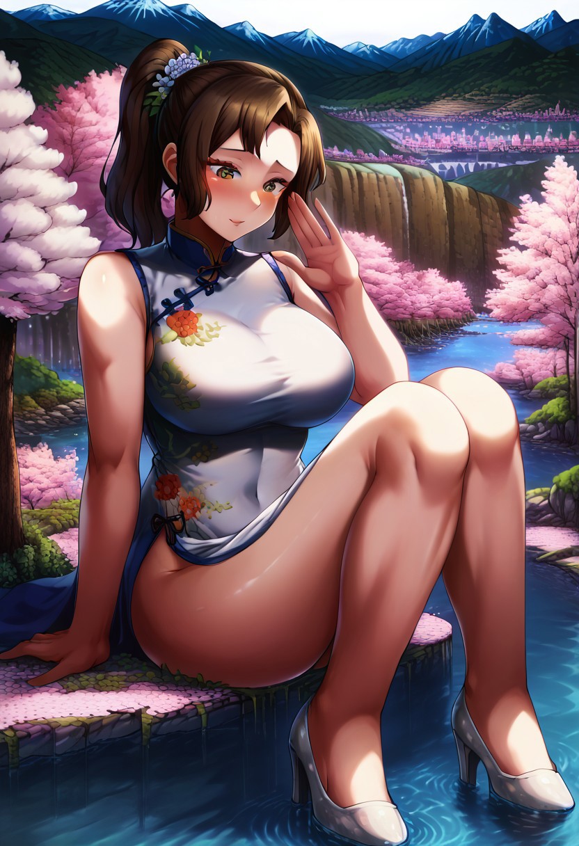 score_9, score_8_up, score_9_up, masterpiece, high quality, highly detailed, clean face, 1woman, 1girl, solo, shiny skin, soft focus, ray tracing, (ultradetailed background), (detailed face:1.2), ultradetailed face, mother_sv, brown hair, , ponytail, cute, eyelashes, flower, hair flower, hair ornament, hair ornament on hair, ruanyi0604,silver dress,china dress,floral print, silver high heels, no chibi, f<lora:(p)NiceNature:1> <lora:loraeyesxl:0.5>, larger than mountains, towering over mountains, bigger than mountains, taller than mountains, big breasts, giantess full body shots, giantess, giant, goddess, divine goddess, size difference, proud expression, blushing, long legs, perfect arms, perfect hands, perfect face, perfect legs, perfect thighs, perfect feet, perfect eyes, extremely beautiful, sexy, scenery, mountain valley background, city landscape, in a city, surrounded by buildings, houses, tall skyscrapers, dirt road, trees, forests, cherry blossoms, blue sky, mountains, fantasy, landscape, <lora:giantess:1>, sitting, forests, lake of water, giga giantess, gts, gigantic body, cliff, giantess sitting on a mountain cliff, water ripples, looking down, position at a the right,