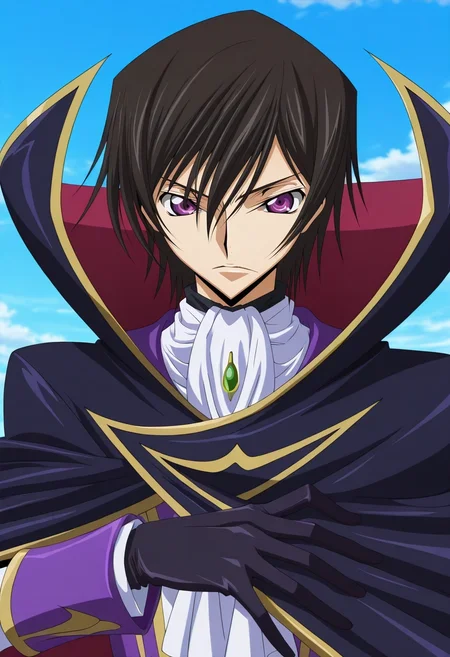 masterpiece, best quality, , anime screencap, anime coloring, official style, , 1boy, solo, male focus, <lora:lelouch_lamperouge_ilxl:0.96>, lelouch_lamperouge, black hair, purple eyes, hair between eyes, bangs, short hair, , cape, ascot, gloves, , jumper,