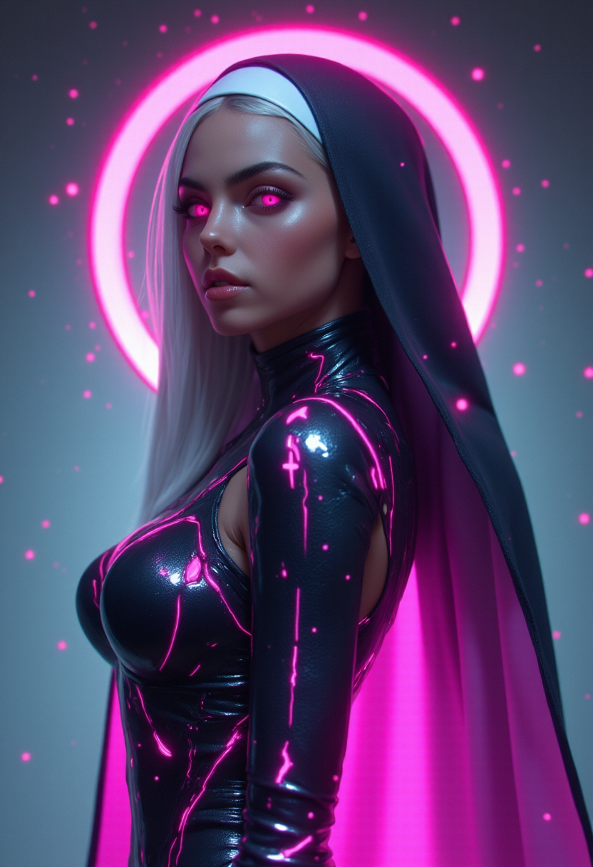 Cinematic full body shot of a futuristic female nun, wearing tight latex nun outfit, pov from behind, she is looking over he shoulder at the viewer. She is casting pink glowing magic spells over her head. simple glowing background, hknuns  <lora:FantasyWizardWitchesFluxV2-000001:0.85> <lora:FluxHolyNuns:0.75>
