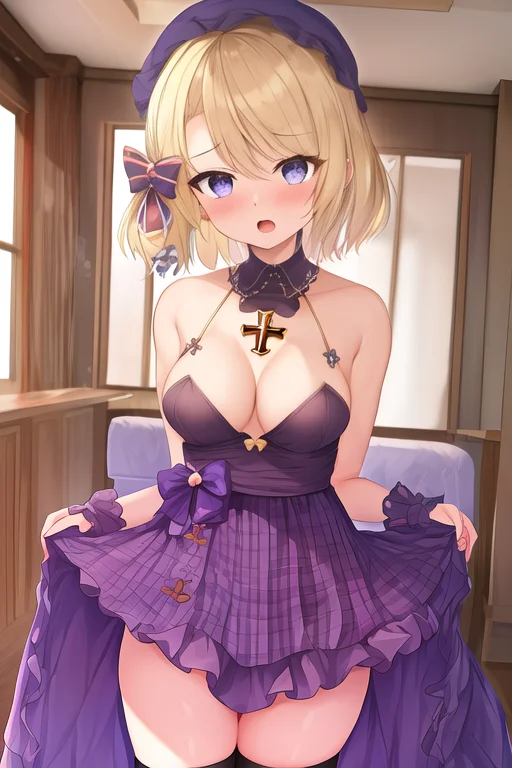 masterpiece, best quality, highres, solo, {z23_azurlane:1.10}, short_hair, breasts, blush, bangs, blonde_hair, bow, blue_eyes, purple_eyes, medium_breasts, cross, hair_bow, open_mouth