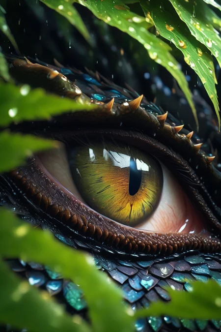 close-up,eyes_focus,eye close-up,dragon,hiding in the leaves,black dragon,shiny scales,((rain)),zazie rainyday,
(((masterpiece))),(best quality),((ultra-detailed)),beautiful eyes,macro shot,colorful details,natural lighting,
amazing composition,subsurface scattering,velus hairs,amazing textures,filmic,soft light,