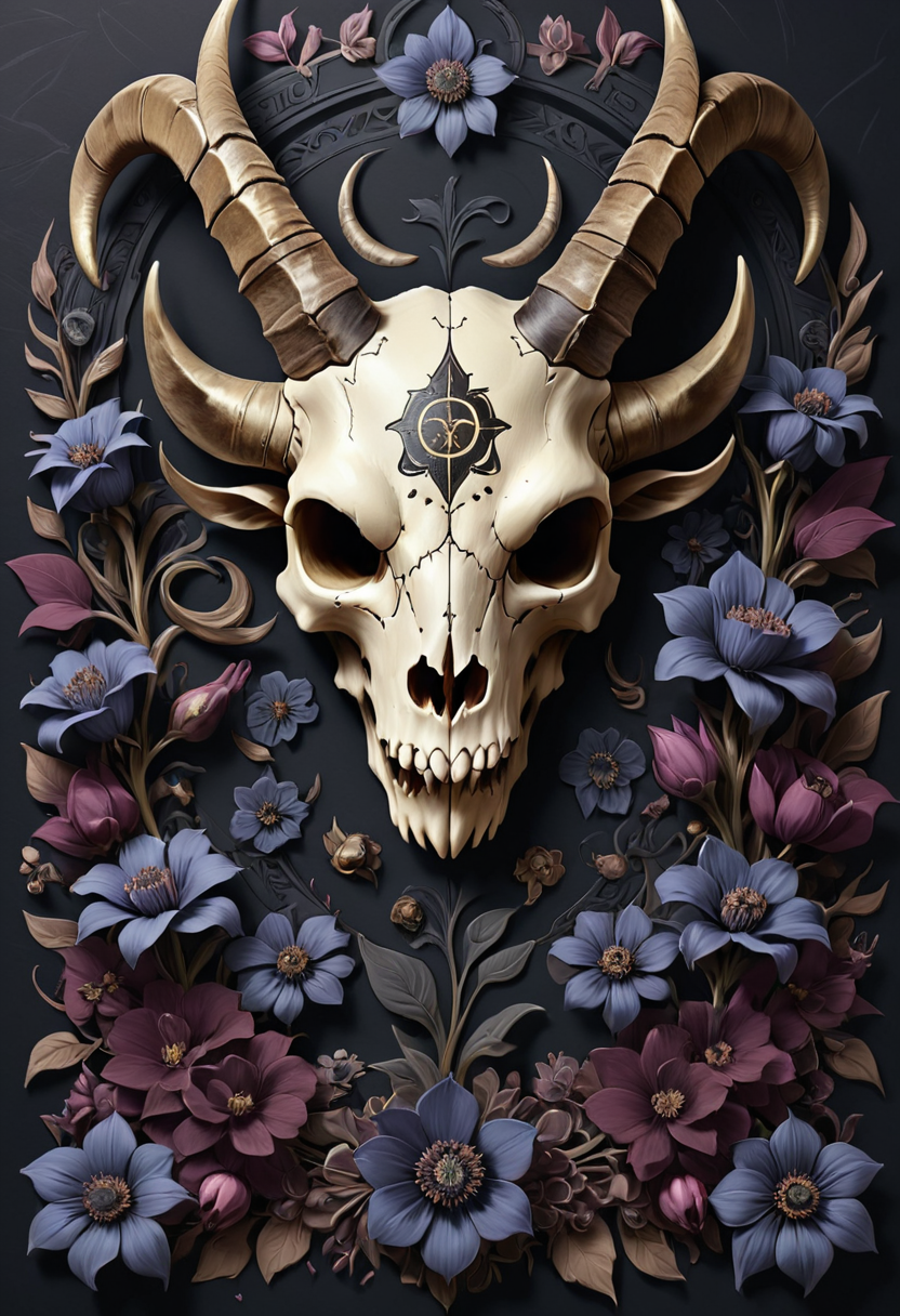 illustration, hand draw sketch lineart, engraved demon goat skull with runes surrounded by dark flowers, dark paper background, mobe-godeen <lora:GothicDetailEnhancerV1:0.5>,