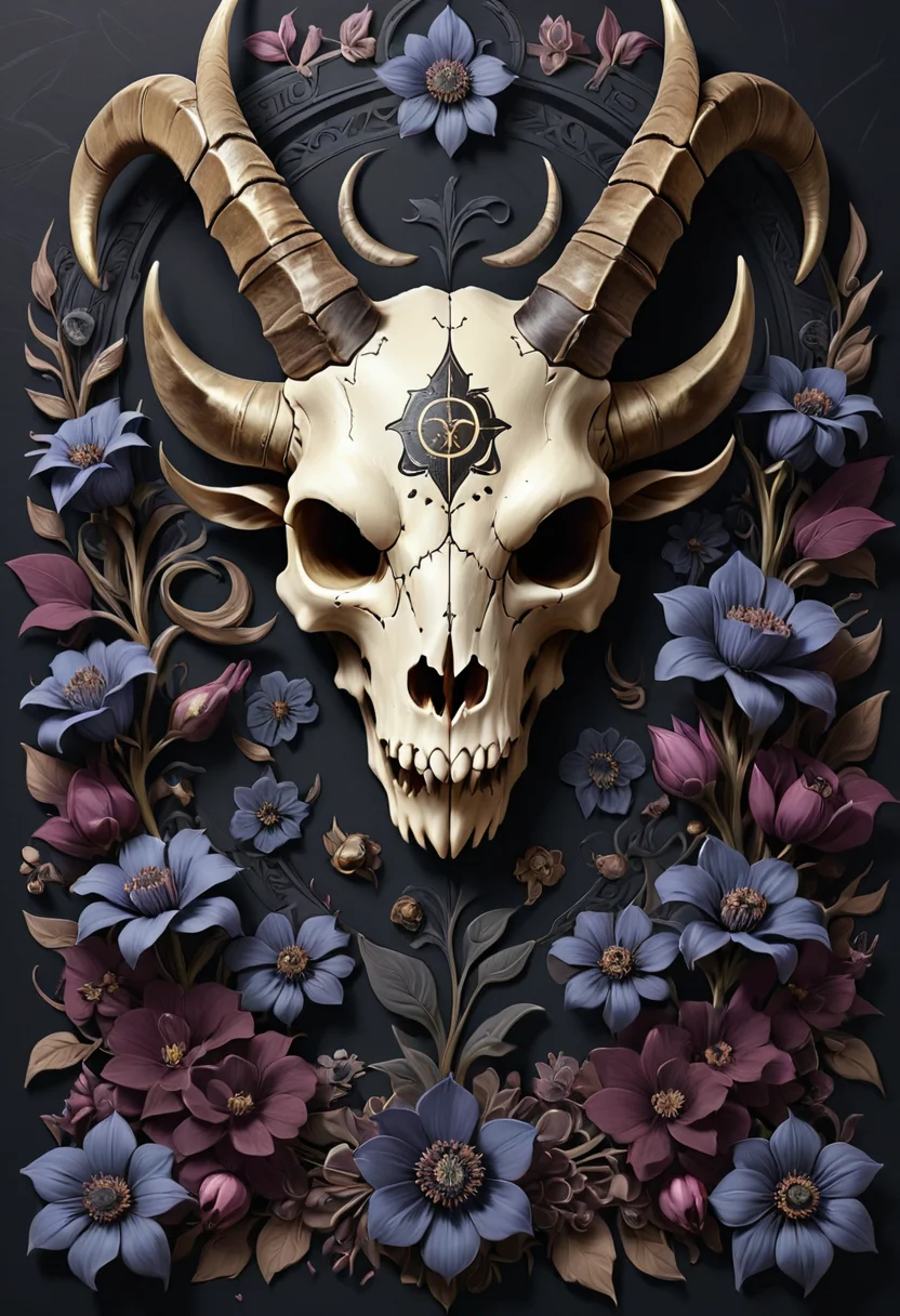illustration, hand draw sketch lineart, engraved demon goat skull with runes surrounded by dark flowers, dark paper background, mobe-godeen <lora:GothicDetailEnhancerV1:0.5>,