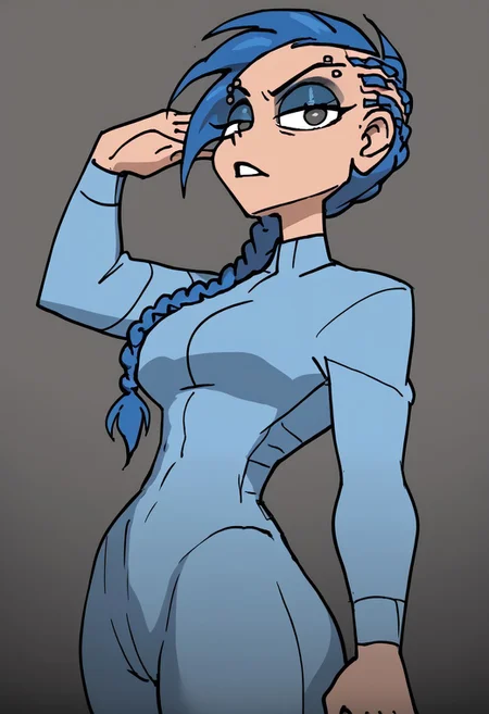score_9, score_8_up, score_7_up, anna, fellatrix style,
solo,1girl ,breasts, braid, blue hair, long hair, braid,great shading,,open eyes, eyeshadow, blue eyeshadow,makeup,, eyebrow piercing, piercing,
blue motosuit,
standing pose, looking at viewer, full body
gray background,