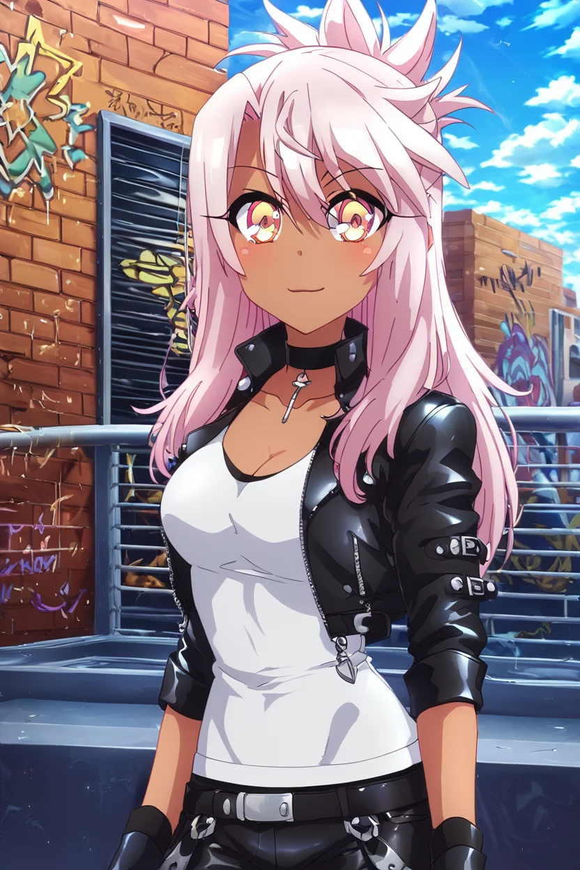 score_9, score_8_up, score_8, (curvy), cute, eyelashes, rating safe, BREAK, big breasts, cute, eyelashes, curvy, balcony, chloe von einzbern, dark skin, long hair, pink hair, sky, star (symbol), yellow eyes, leather jacket, leather pants, black jacket, tight pants, black choker, zipper, fingerless gloves, biker clothes, spikes, multiple belts, shiny clothes, high collar, (graffiti:1.2), brick wall, ,,, smile, looking at viewer, ,,, embedding:zPDXL, Expressiveh, <lora:PrismaIllya_PDXL_v3:1.0> <lora:SDXLFaeTastic2400:0.5>, <lora:Expressive_H-000001:0.4>,