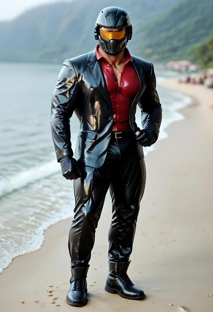 score_9, score_8_up, score_7_up, photo, photorealistic, rating_explicit, (solo:1.1), 1boy, black helmet with tinted visor, muscular male, masculine male, black glossy leather blazer suit, red shirt, formal, pants, skintight, black rubber gloves, black rubber boots, abs, nipples, pecs, flexing, proud, sweaty, outdoors beach, five digits