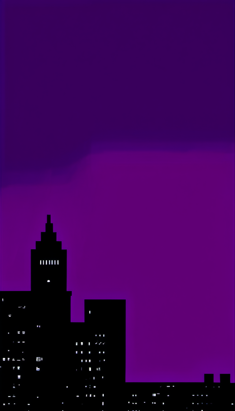 a city skyline with buildings and a clock tower in the distance with a purple sky. <lora:Epic_ZZT_Ultra_XL:1.2>
