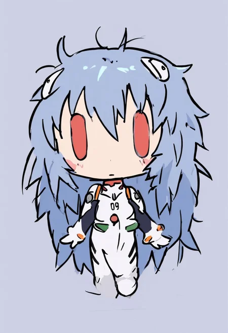 score_4,score_5,score_6,score_7_up,score_8_up,score_9 ((masterpiece,best quality,ultra detailed,highres,HD,4k:1.2)),
1 girl,solo,face focus,
chibi,full body,deformed,| |,
ayanami_rei,rei ayanami, blue hair, ((long hair, Messy Hair:1.2)),red eyes, head gear,
bodysuit, headgear, plugsuit, neon_genesis_evangelion, white bodysuit,
closed mouth,blush,Expressionless,