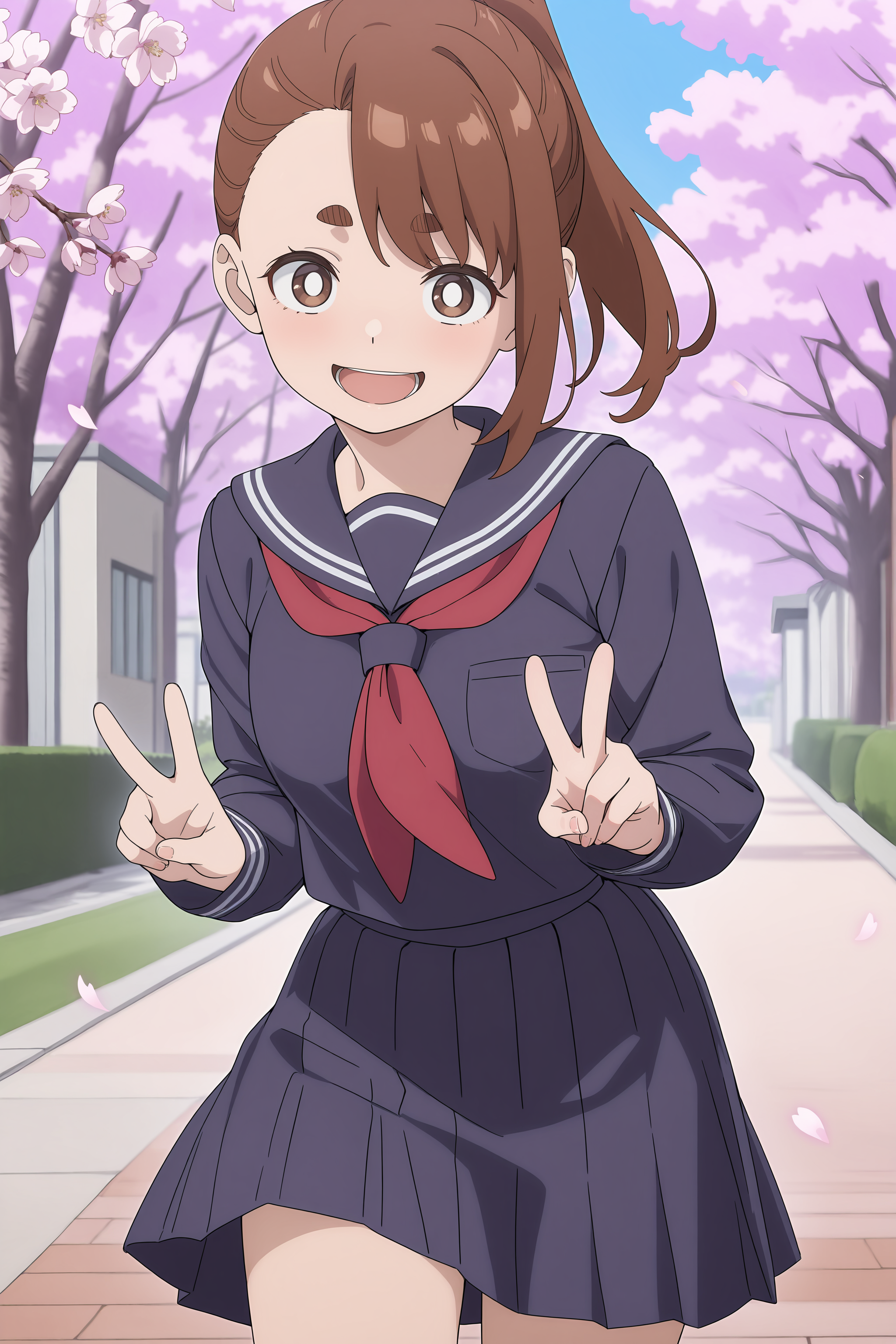 1girl, ogawa sumireko,  solo, white pupils, ponytail, asymmetrical bangs, aged down, medium breasts, serafuku, smile, open mouth, looking at viewer, outdoors, street, standing, cowboy shot, double v, cherry blossoms, petals, depth of field  <lora:Char-OgawaSumireko-IL-V1:1:hr=0.5>
masterpiece, best quality, amazing quality, very aesthetic, absurdres,  newest, (scenery, volumetric lighting), anime screenshot, anime coloring