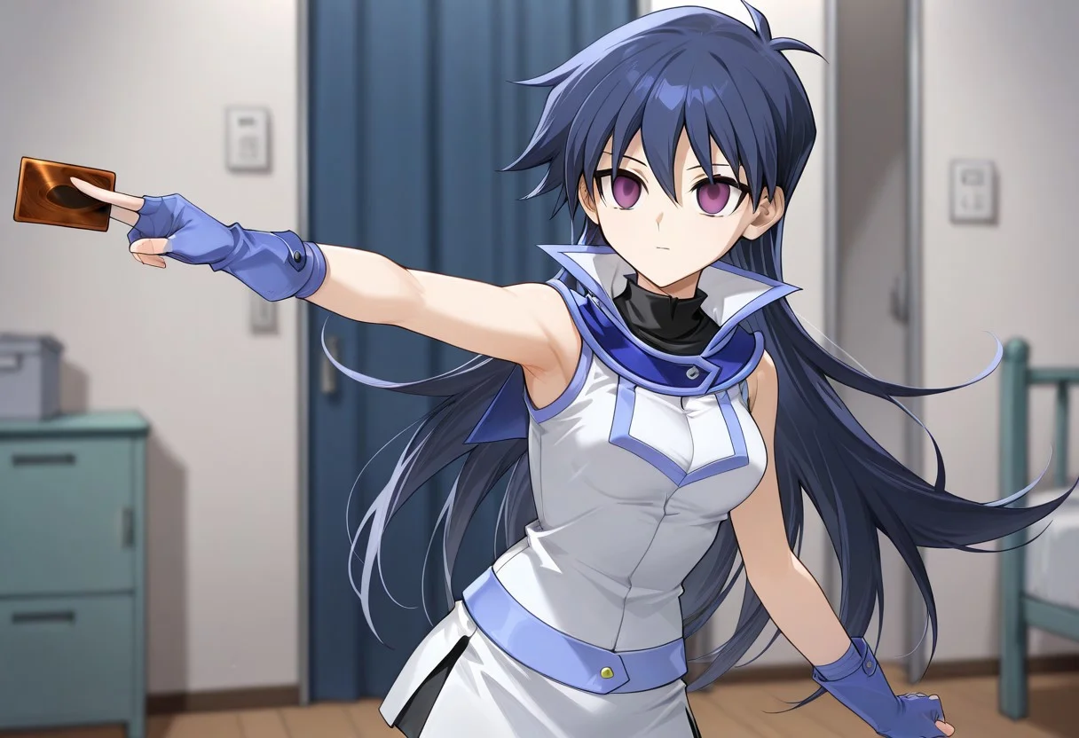 masterpiece, best quality, very aesthetic, 4k, very detailed, absurdres, 1girl, solo, dorm room, Saotome Rei, Society of light, sleeveless, white shirt, white skirt, blue gloves, duel academy uniform (yu-gi-oh! gx), expressionless, empty eyes, mind control, corruption, (nagu:0.9), throwing cards away, throwing card into garbage,