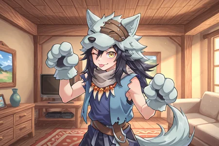 <lora:FlunkyIL:0.8> , fludef, 1boy, black hair, long hair, yellow eyes, wolf hat, wolf hood, wolf pelt, wolf tail, grey scarf, bandana around neck, necklace, tooth necklace, fur trim, blue vest, torn clothes, paw gloves, cowboy shot, ((paw pose)), indoors, living room, smile, winking, :P, solo, looking at viewer, masterpiece, very aesthetic, absurdres, best quality, amazing quality, high resolution, detailed background, <lora:illustrious_quality_modifiers_masterpieces_v1:0.8> , <lora:ChamIllustriousBackgroundEnhancer:0.5>