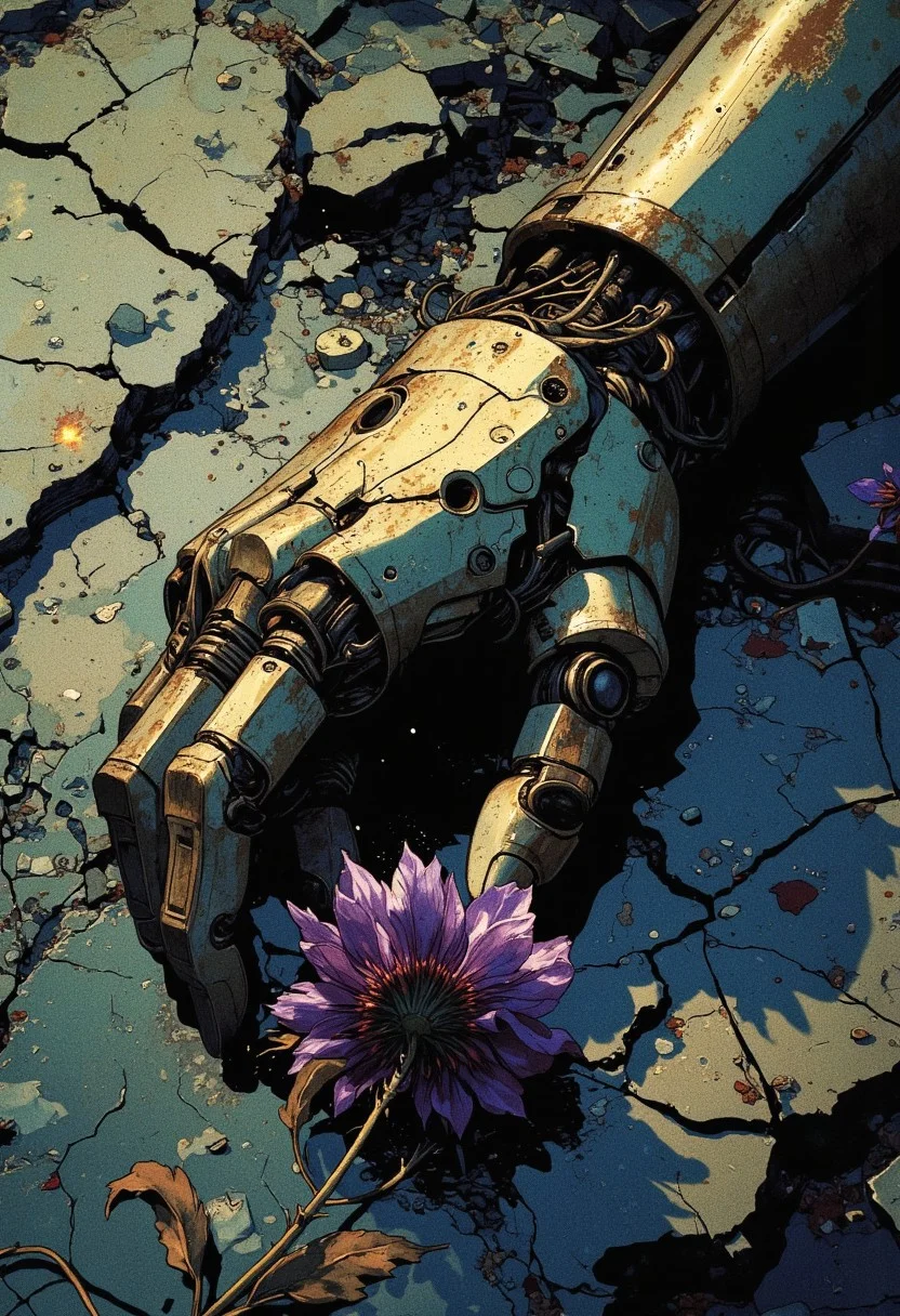 top-down, Extreme close-up of a fallen mechanical arm lying motionless on the cold, cracked ground—its intricate plating scratched and dented, exposing tangled wires and frayed connections leading out of frame. The fingers, a delicate fusion of metal and hydraulics, are barely holding onto a wilted purple flower, its petals trembling in the dim, dust-filled air. The grip is loose, as if slipping away, suggesting the final moments of its unseen owner just beyond the frame. Soft ambient lighting casts long shadows over the rusted metal, while faint industrial sparks flicker in the distance. The composition emphasizes the contrast between lifeless machinery and fleeting organic beauty, evoking a profound sense of loss and finality.