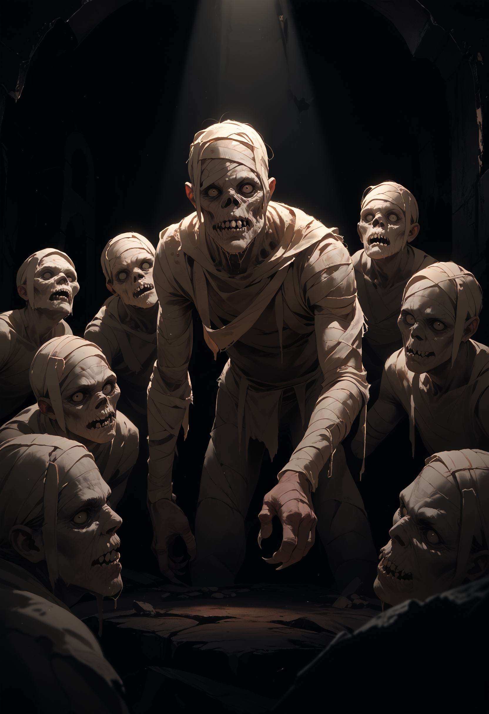 score_9, score_8_up, score_7_up, score_6_up, monster, multiple boys, 6+boys, dark background,
facing viewer, spotlight, looking at viewer, ruins,
<lora:mummy_v1.0-pony:1>
<lora:dark_v1.9-pony:1>