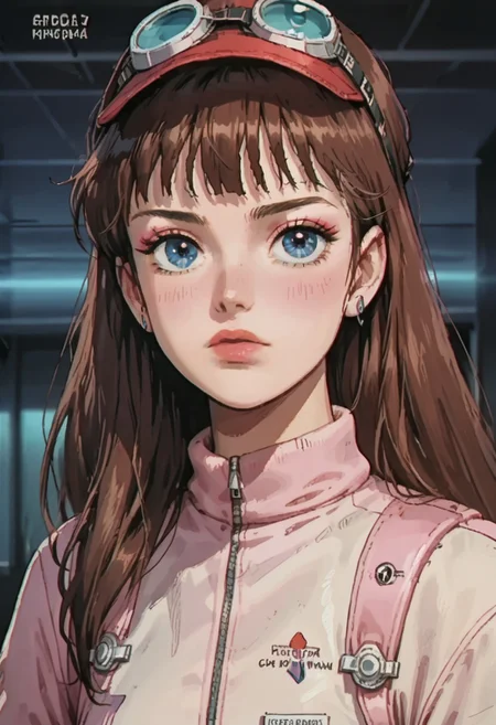 score_9, score_8_up, score_7_up, realistic, fine anime screencap_xl, anime screencap, vhslora, sk3tchb00k, english text, miakoji, ronin warriors, solo, 1girl, retro, brown hair, 1980s (style), bangs, long hair, blue eyes, portrait, makeup, ski suit, goggles, toboggan cap,