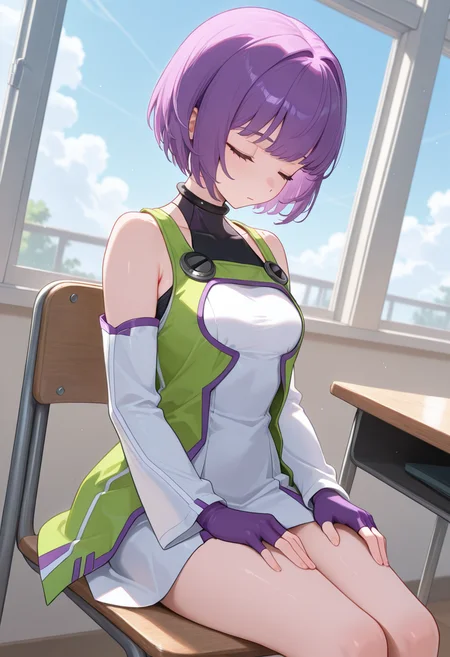 1girl,solo,<lora:espoiril:0.9>,espoir,closed eyes,purple hair,short hair,bare shoulders,white dress,white detached sleeves,fingerless gloves,green jacket,cowboy_shot,sitting,sitting_on_chair,dynamic_angle,hands_on_own_thighs,classroom,day,cloud,incredibly absurdres,masterpiece,best quality,good quality,newest,