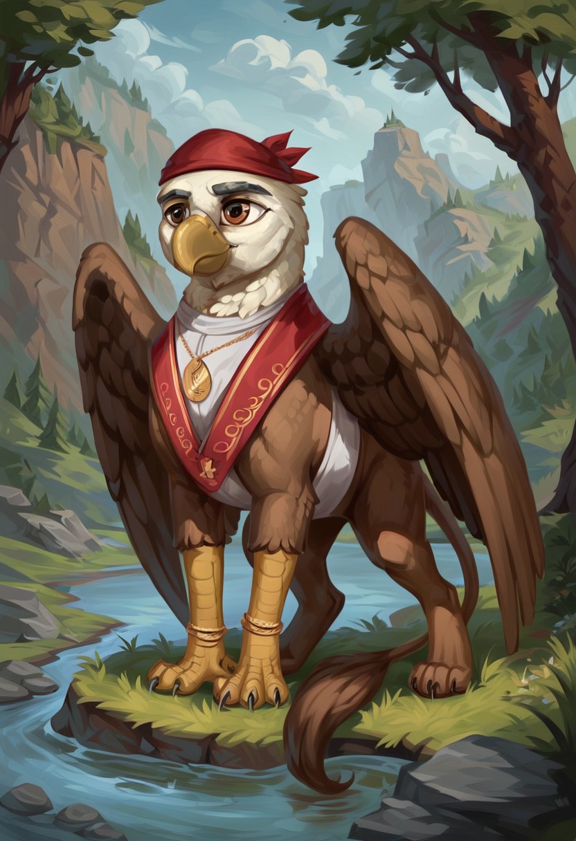 masterpiece, score_9_up, score_8_up, score_7_up, score_6_up, (best quality:1.1), ultra-detailed, high resolution, solo, Archon Eros VII, griffon, avian, old, feral, male, brown eyes, thick black eyebrows, beak, closed mouth, feathery, wings, full body, red religious clothing, red yarmulke, jewelry, necklace, detailed facial features, expressiveh, simple background, highly visible, sharp focus, anatomically correct, expressiveh, highly visible, sharp focus, anatomically correct, detailed background, outside, outdoors, spruce forest in the background, river with a rocky outcrop