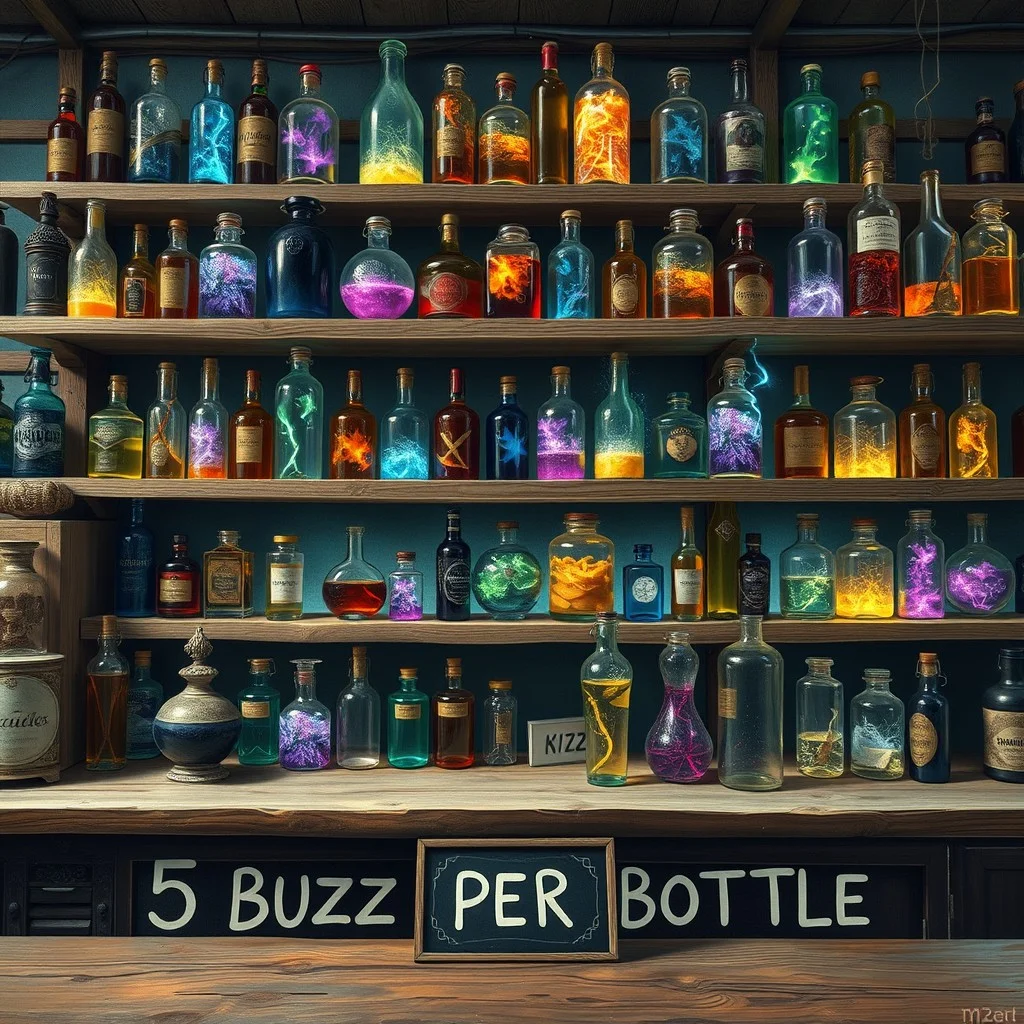 A shop that sells bottles full of magical liquids, on the wall behind the desk there are several shelves displaying these bottles in many different odd shapes and sizes, some of the bottles contain normal looking liquids while others contain irregular liquids like nebulas or galaxies or fire or lightning, realistic yet surreal style, in the foreground there is a sign with the text "5 BUZZ PER BOTTLE"