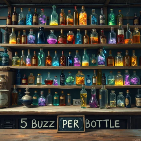 A shop that sells bottles full of magical liquids, on the wall behind the desk there are several shelves displaying these bottles in many different odd shapes and sizes, some of the bottles contain normal looking liquids while others contain irregular liquids like nebulas or galaxies or fire or lightning, realistic yet surreal style, in the foreground there is a sign with the text "5 BUZZ PER BOTTLE"