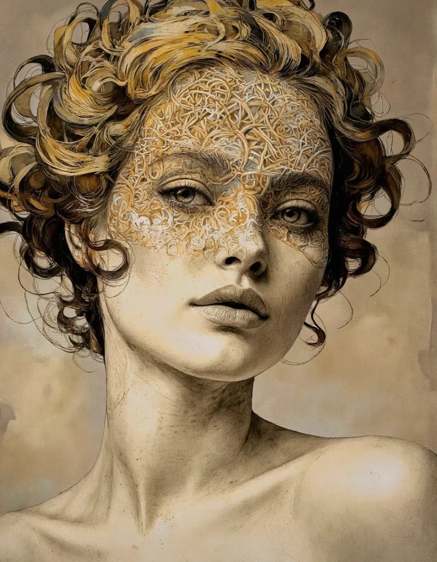 Art by Juan Brufal.
A highly detailed, surrealistic watercolor painting of a woman. The subject's face is rendered with intricate, swirling lines and textures that evoke a sense of depth and movement. The woman's hair is depicted with a series of interlocking, circular patterns in shades of gold, brown, and black, giving it a voluminous, almost ethereal appearance. Her eyes are large and almond-shaped, with a soft, dreamy expression, and her lips are slightly parted, adding to the serene, contemplative mood of the artwork. The background is a blend of muted, earthy tones, primarily beige and light brown, with subtle gradients that create a warm, inviting atmosphere. The woman's face is positioned slightly off-center, and her shoulders are visible, though her body is not fully detailed. The overall composition and use of color and texture suggest a blend of classical and modern art styles, with a focus on emotional depth and artistic expression. The image exudes a sense of timeless beauty and introspection, making it a captivating and thought-provoking piece of digital art.