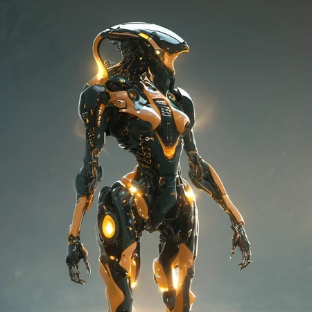 Alien-themed FUNDING,future,concept robot,standing,full body,glowing,robot,black background,mecha,science fiction,scythe,<lora:FN_WeiLai-000005:1>,1girl, . Extraterrestrial, cosmic, otherworldly, mysterious, sci-fi, highly detailed