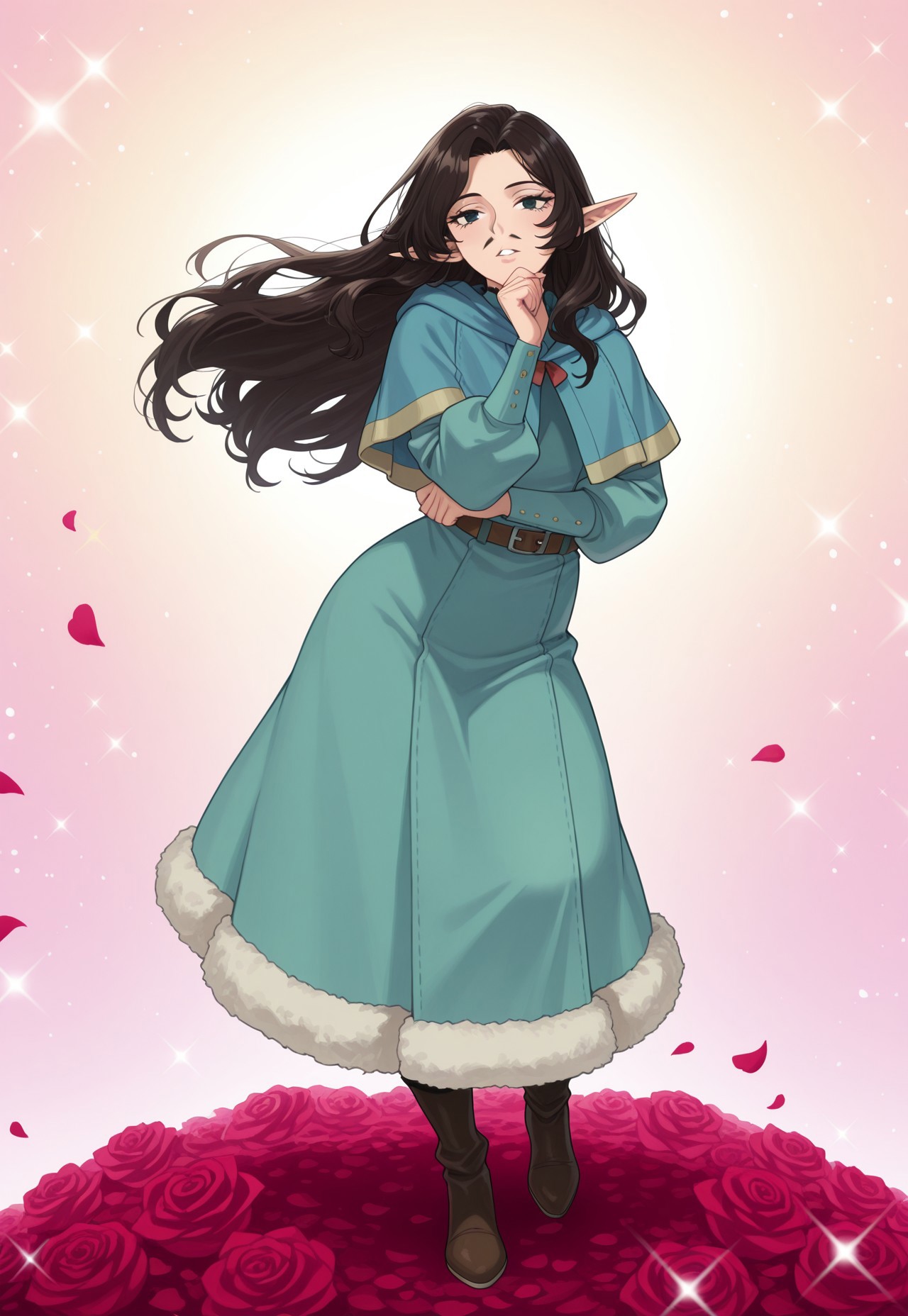 masterpiece,best quality,amazing quality, ElfSenshi, 1boy, solo, elf, brown hair, long hair, black eyes, facial hair, long beard, pencil mustache, goatee, long pointy ears, blue hooded capelet, hood down, blue robe, puffy long sleeves, fur-trimmed robe, brown belt, beige pants, brown boots, full body, dynamic pose, perspective, bishie sparkle, rose, red rose, pink rose, sparkle, sparkle background, petals, rose petals, hand up, hand on own chin, parted lips, Hand On Own Elbow