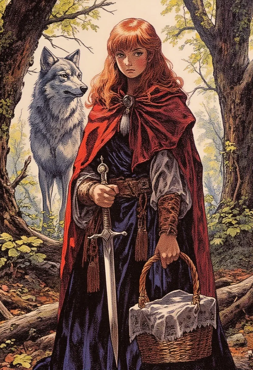 A girl with red hair and a red cape and hood in a dark forest where light barely makes its way through the foliage. Behind her is the shadow of a huge wolf. in her hands she holds a dagger and a basket covered with a knitted napkin.  full body shot, masterpiece, best quality, 1girl, extremely beautiful, medium large breasts, slender body, curvy, wearing nordic clothes, mystic jewelry, model pose, perfect composition