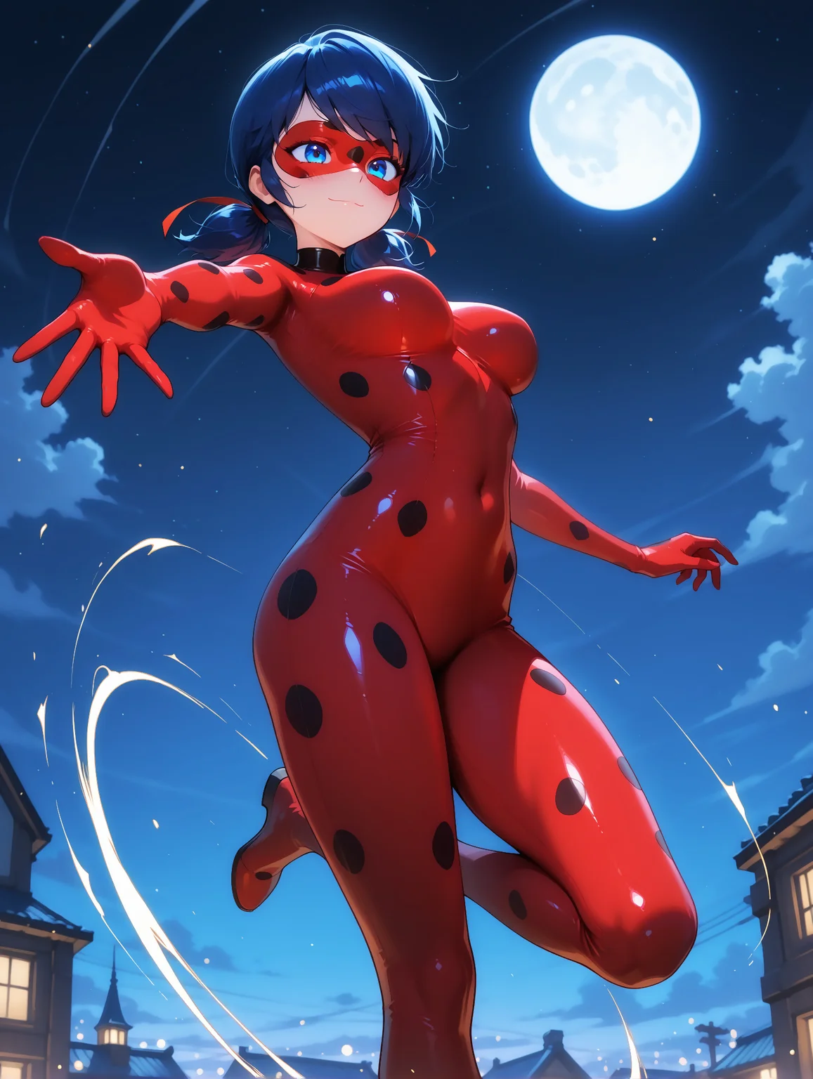 masterpiece,hyper-Detailed, best quality, amazing quality, solo, 19 years old, imtdladybugillus, 1girl, jump, in the air, outstretched arm, one leg outstretched, bare navel, expressionless, motion, speed, from below, bodysuit, smile, closed mouth, blush, mask, domino mask, twintails, polka dot, blue eyes, superhero, blue hair, hair ribbon, short twintails, low twintails, skin tight, medium breast, night, moon, sky background, in height