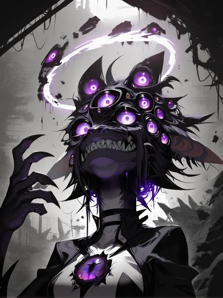 masterpiece, best quality, newest, highres, absurdres,
<lora:Eldritch_horror_concept_LoRA:1.2> 1uxfer0, head, (destroyed head:1.6), extra eyes, (halo:1.4), (extra eyes background:1.2), teeth, (sharp teeth:1.5), tongue, __drakopa__,
1girl, (solo:1.2), small breasts, looking at another, dynamic pose, portrait,
outdoors,
<lora:Dramatic Lighting Slider:3.5>