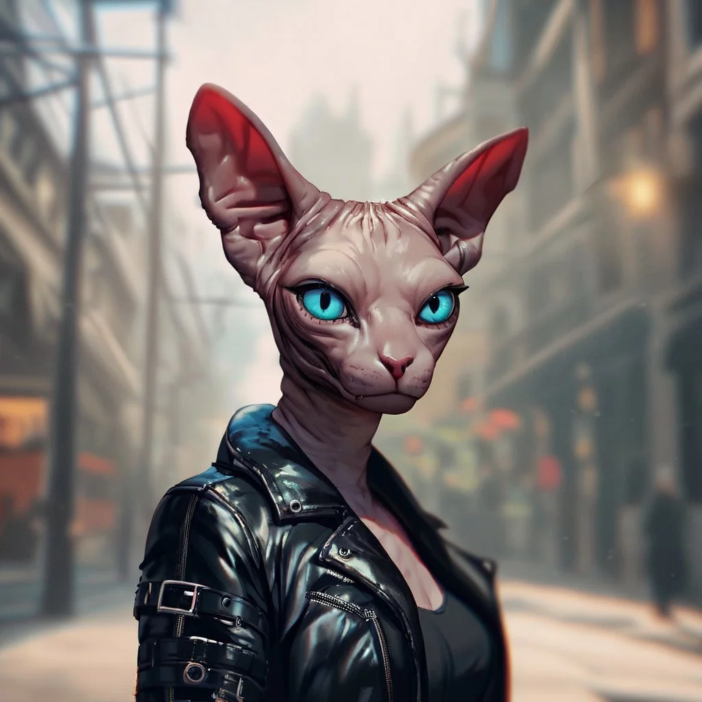 (((beautiful, detailed, high quality))), upper Body, score_9, score_8_up, score_7_up,
tabaxi, tabaxi sphynx,
1girl, blue eyes, black leather jacket, black top,
looking at the viewer, posing, blurred background, blurred fantasy background,