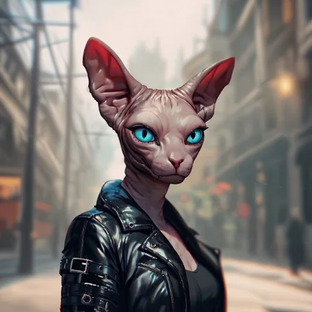 (((beautiful, detailed, high quality))), upper Body, score_9, score_8_up, score_7_up,
tabaxi, tabaxi sphynx,
1girl, blue eyes, black leather jacket, black top,
looking at the viewer, posing, blurred background, blurred fantasy background,
