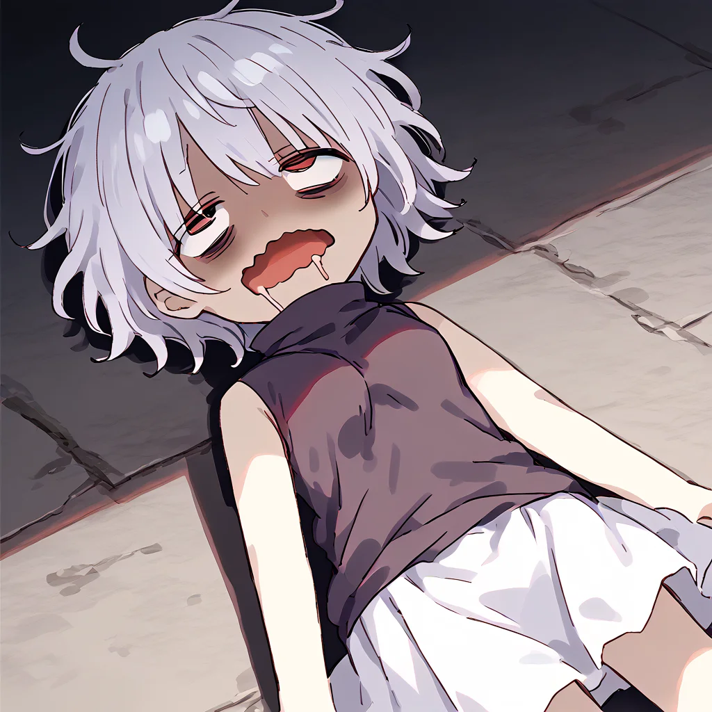 1girl, solo
<lora:Sabitsuki:1> short hair, white hair, skirt, red eyes, sleeveless turtleneck
<lora:meme_bocchianxiety_ponyXL:0.8> bocchianxiety, open mouth, wavy mouth, mouth drool, rolling eyes, on floor