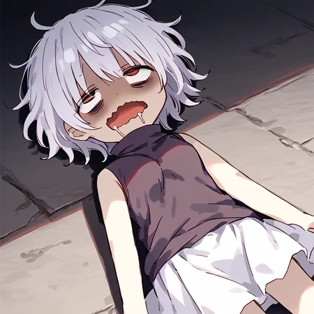 1girl, solo
<lora:Sabitsuki:1> short hair, white hair, skirt, red eyes, sleeveless turtleneck
<lora:meme_bocchianxiety_ponyXL:0.8> bocchianxiety, open mouth, wavy mouth, mouth drool, rolling eyes, on floor