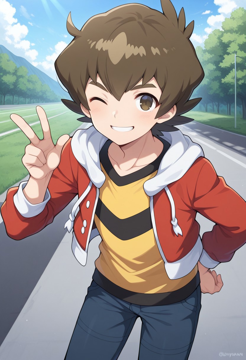 masterpiece,best quality,amazing quality, 
bayamano, 1boy, male focus, solo, brown eyes, brown hair, shirt, yellow shirt, jacket, red jacket, hood, smile, one eye closed, 
outdoor,