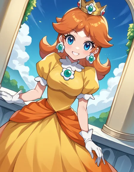score_9, score_8_up, score_7_up, source_anime,
princessdaisy, <lora:princess-daisy-ponyxl-lora-nochekaiser:1>,
princess daisy, blue eyes, long hair, orange hair,
crown, daisy, dress, flower, gem, gloves, orange dress, puffy short sleeves, puffy sleeves, short sleeves, white gloves,
indoors, castle, smile,
looking at viewer, cowboy shot, dutch angle,