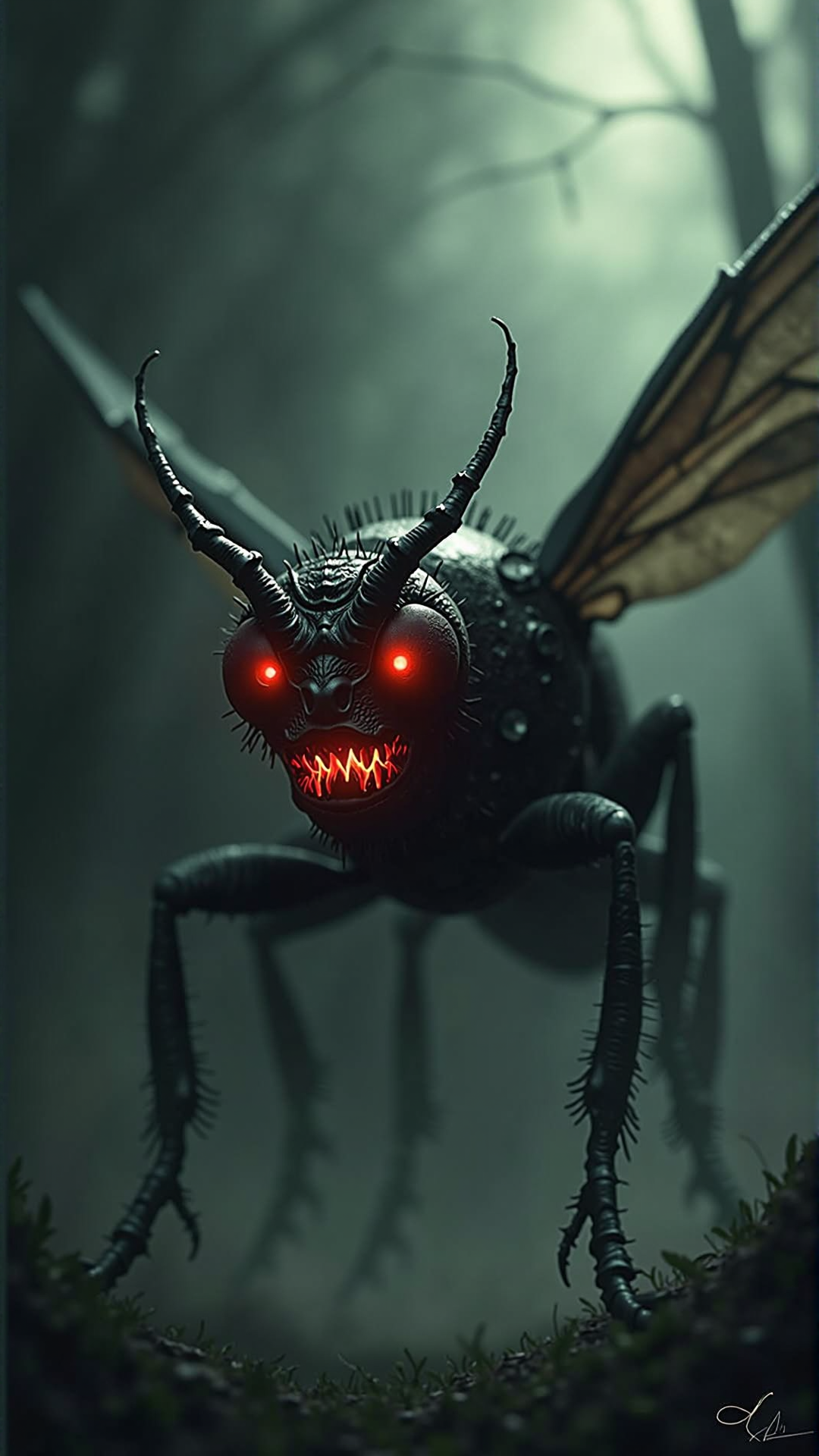 A creative picture of a KrampusStyle Firefly. Dark, atmospheric and moody atmosphere. wickedness, moody, teeth
<lora:KrampusStyleFlux:__wildcards/numbers/07-09__>