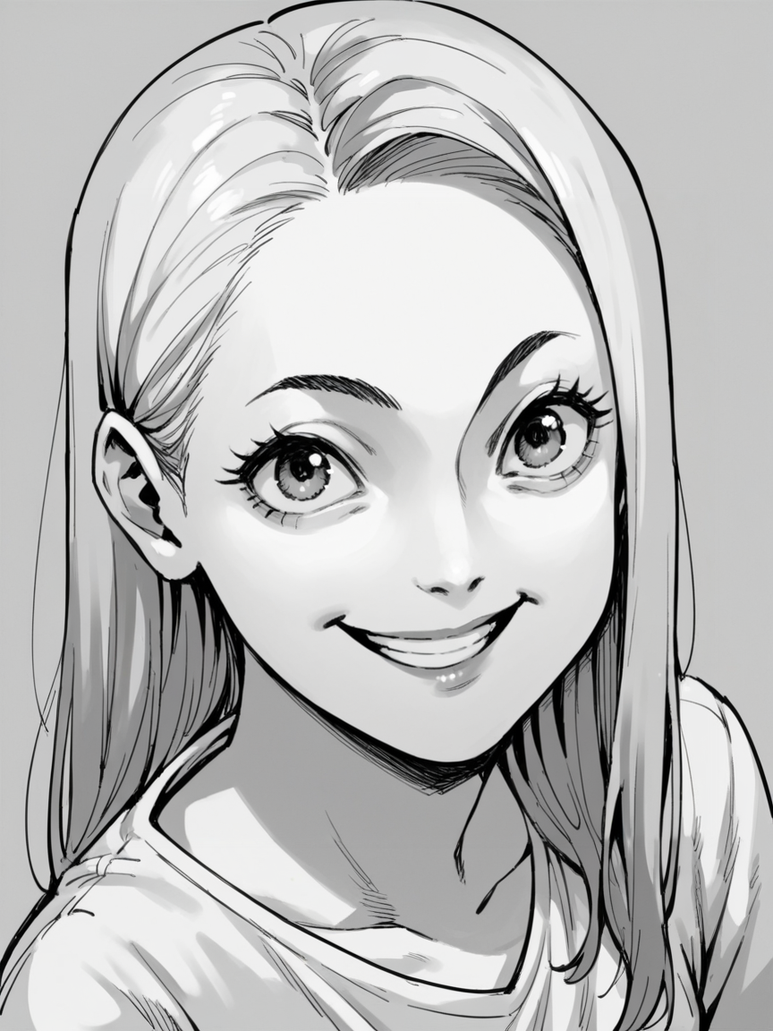 score_9, score_8_up, score_7_up, score_6_up,  <lora:junj11t0XLP:1> junj11t0, junji ito, monochrome, manga, 1girl, smile