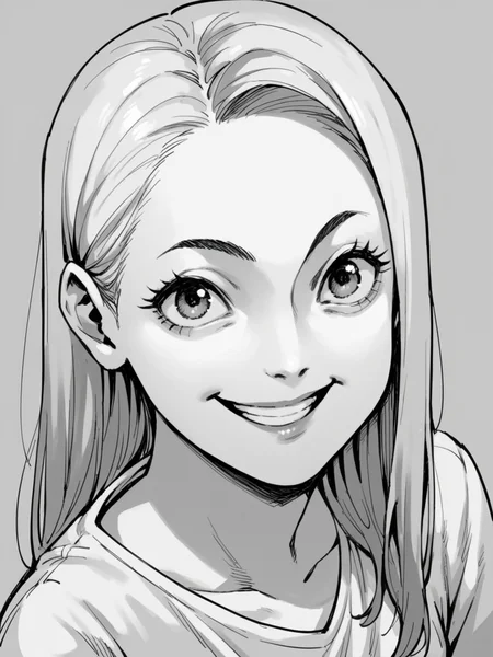score_9, score_8_up, score_7_up, score_6_up, <lora:junj11t0XLP:1> junj11t0, junji ito, monochrome, manga, 1girl, smile