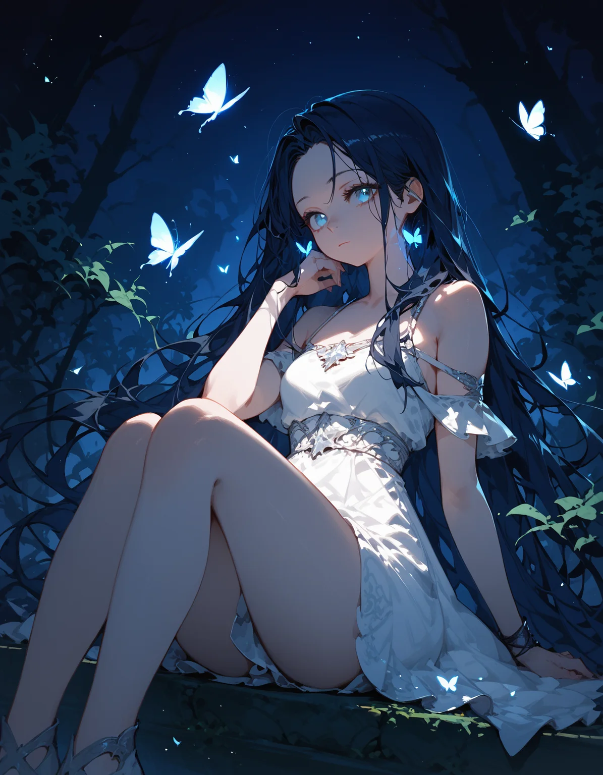(score_9,score_8_up,score_7_up),glowing style,1girl, solo, long hair, white dress, closed mouth, bare shoulders, sitting, knees up, off shoulder, sleeveless dress, glowing butterfly,dark night,<lora:glowing_style_XL_16E_GPmixV_V1.7:1>