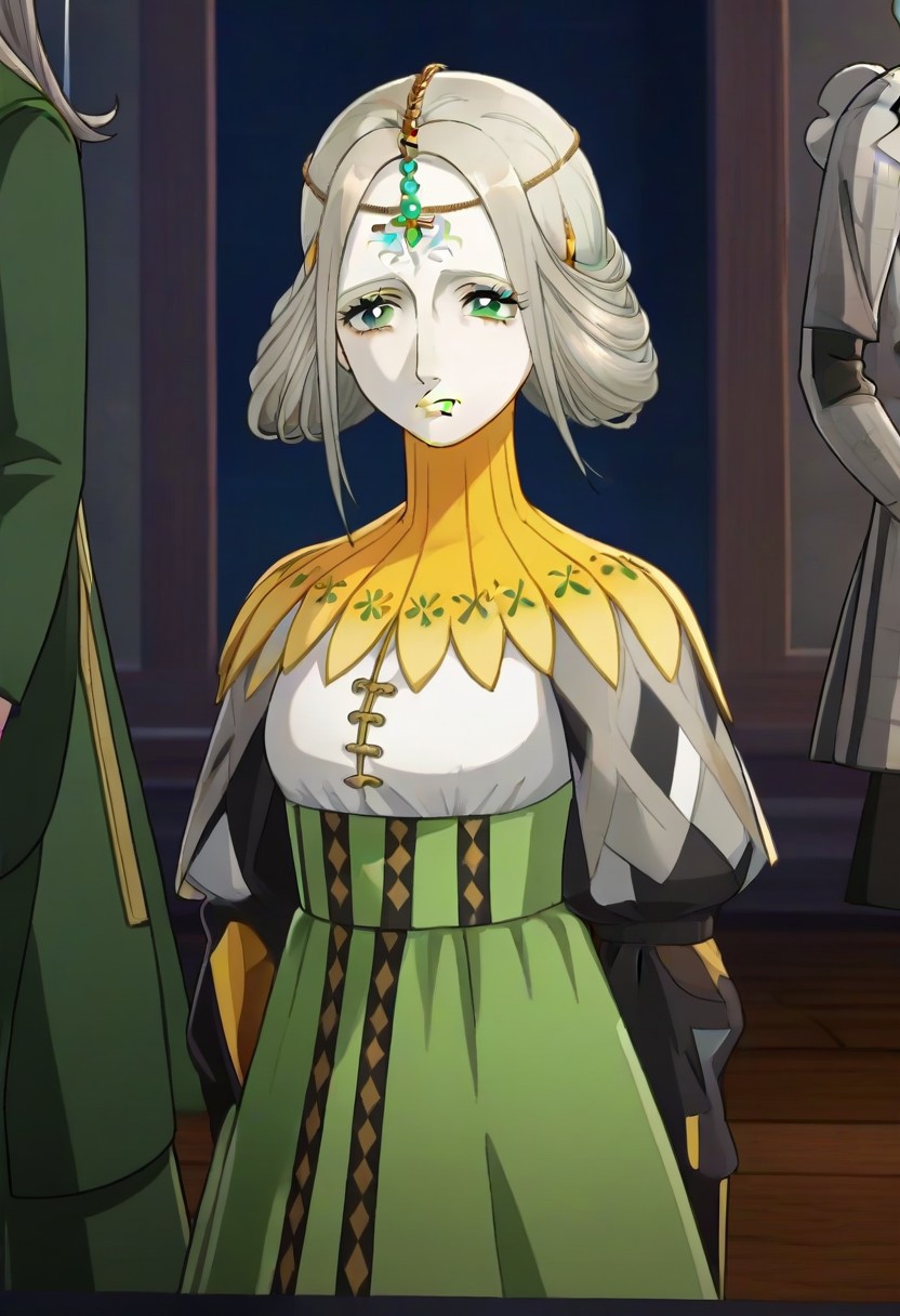 source_anime, 1girl, white skin, grey hair, forehead tattoo, green eyes, green lips, hair decoration, head chain, wrinckles, high yellow collar, medieval dress, white and green dress,<lora:Joanna_-_Metaphor_ReFantazio_-_Pony:1>