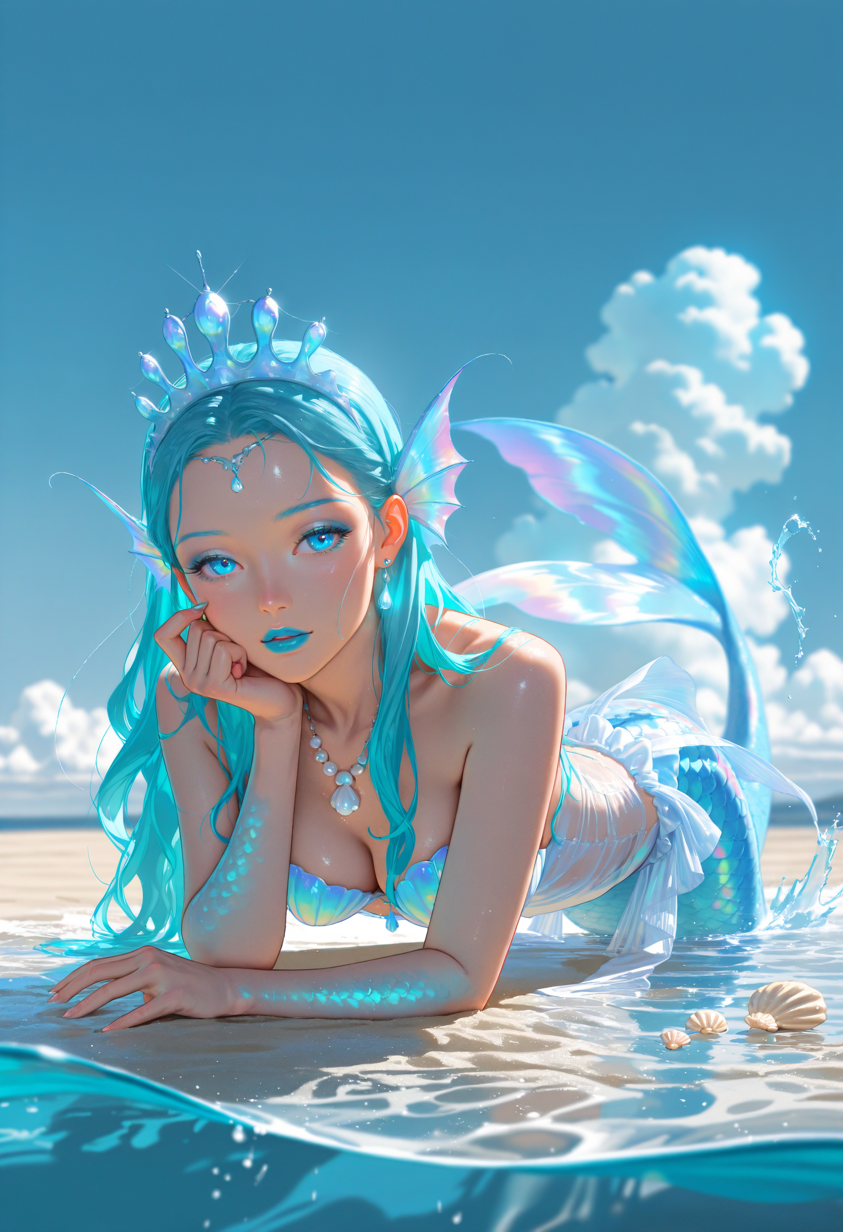 (high_quality, newest, incredibly_absurdres, very aesthetic, zbrush_\(artwork\), depth_of_field, grainy_texture, 5_fingers, digital_painting_\(artwork\), flat_colors, anime_coloring, realistic)
(MMC-Illu, seductive, thick_lips, wind_lift, cumulonimbus_cloud, godrays, mermaid, marine, aqua_theme, jewelry, blue_theme, merfolk, iridescent, beach, sand, 1girl, long hair, solo, two_tone_scales, eyelashes, makeup, silk, white_dress, see-through, blue_lips, fins, mermaid, partially submerged, tiara, glowing, shells, shimmering, splashing, caustics, pearl (gemstone), water, blue eyes, necklace, bubbles, earrings, looking at viewer, head rest, monster girl, lips, hair ornament)