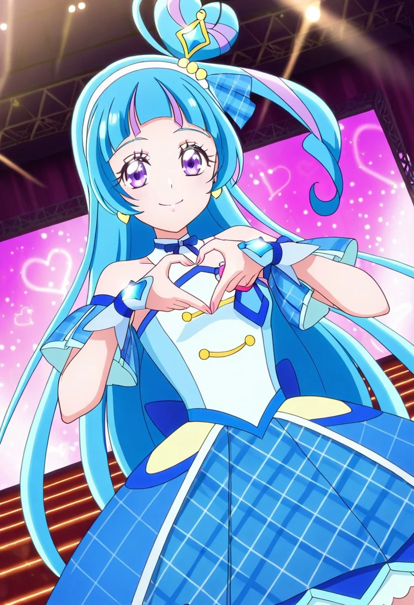 general,highres, ultra-detailed,very aesthetic,best quality ,best hands,best eyes,easynegative,
dynamic anglre, dutch angle, anime cloring,anime screencap,
1girl solo,looking at viewer,concert hall,light,on stage,heart shaped hands,smile,
Cure Wink,light blue hair,long hair,hair ornaments,hair ribbon,blue ribbon,small breasts,purple eyes,hairband,white band,earrings,multicolored hair,jewelryes,idol costume,