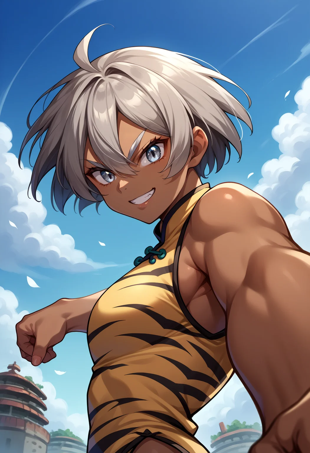 score_9, score_8_up,score_7_up, source_anime, rating_safe, 1girl, solo, <lora:EPpkBea:1>, short hair, grey hair, dark-skinned female, dark skin, hair between eyes, grey eyes, Saitou, china dress, tiger print, from side, blue sky, smile, looking at viewer, fighting stance, from below, serious,