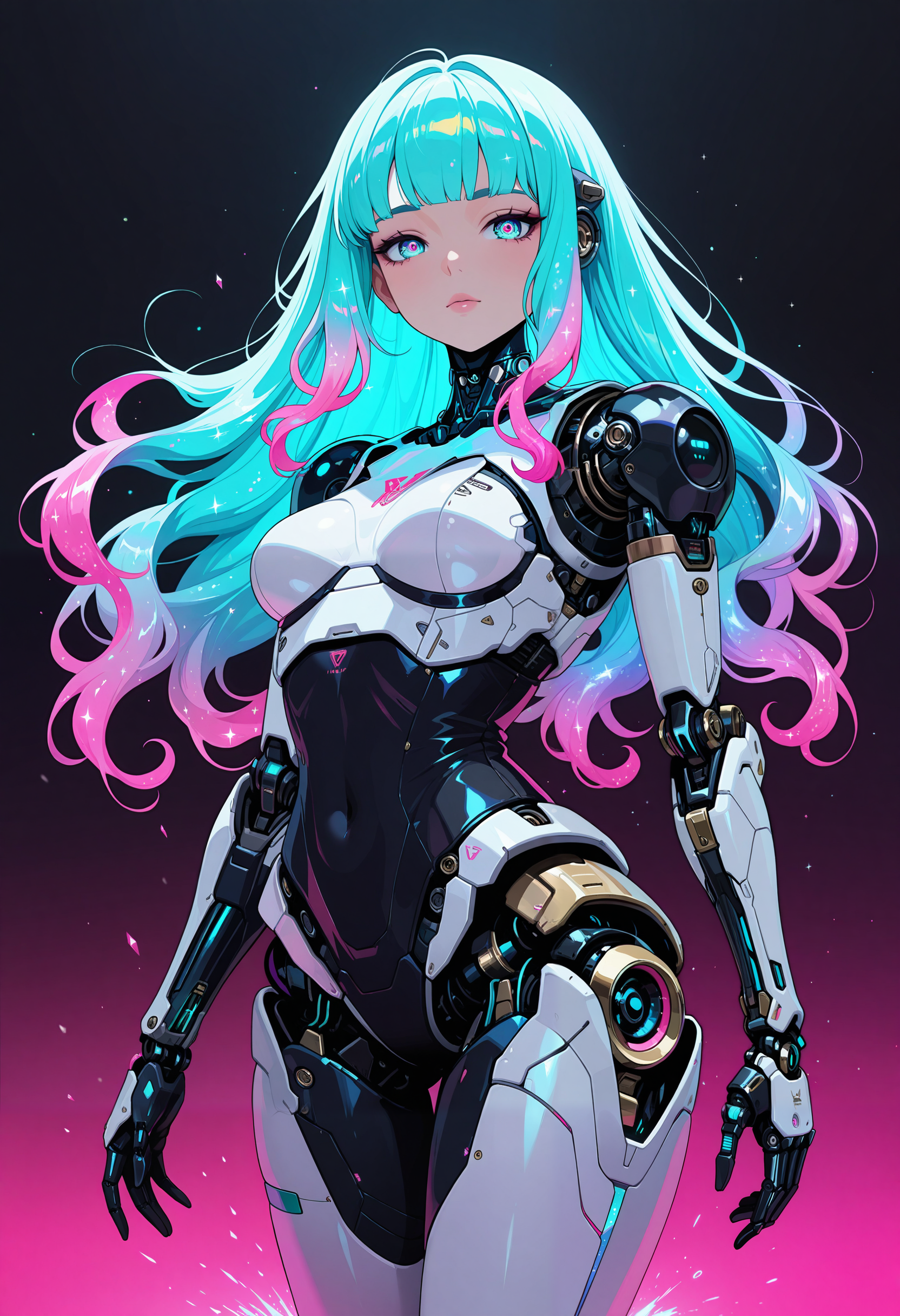 masterpiece, best quality, good quality, very aesthetic, absurdres, newest, 8K, depth of field, 1girl, android, flowing glitter hair, neon hair, holofoil, flying