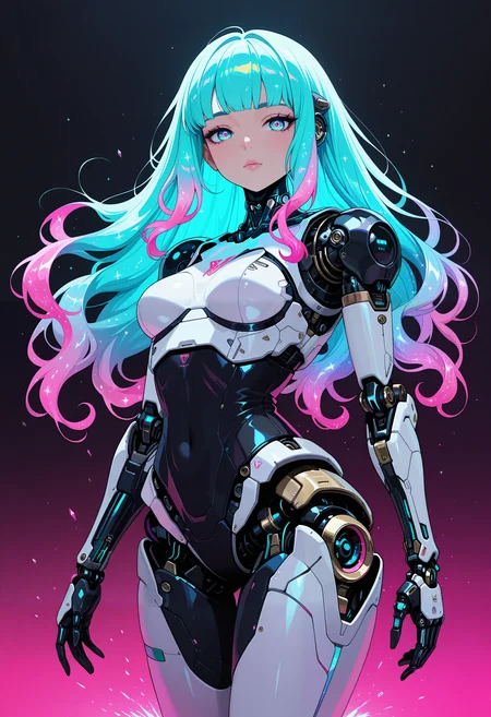 masterpiece, best quality, good quality, very aesthetic, absurdres, newest, 8K, depth of field, 1girl, android, flowing glitter hair, neon hair, holofoil, flying