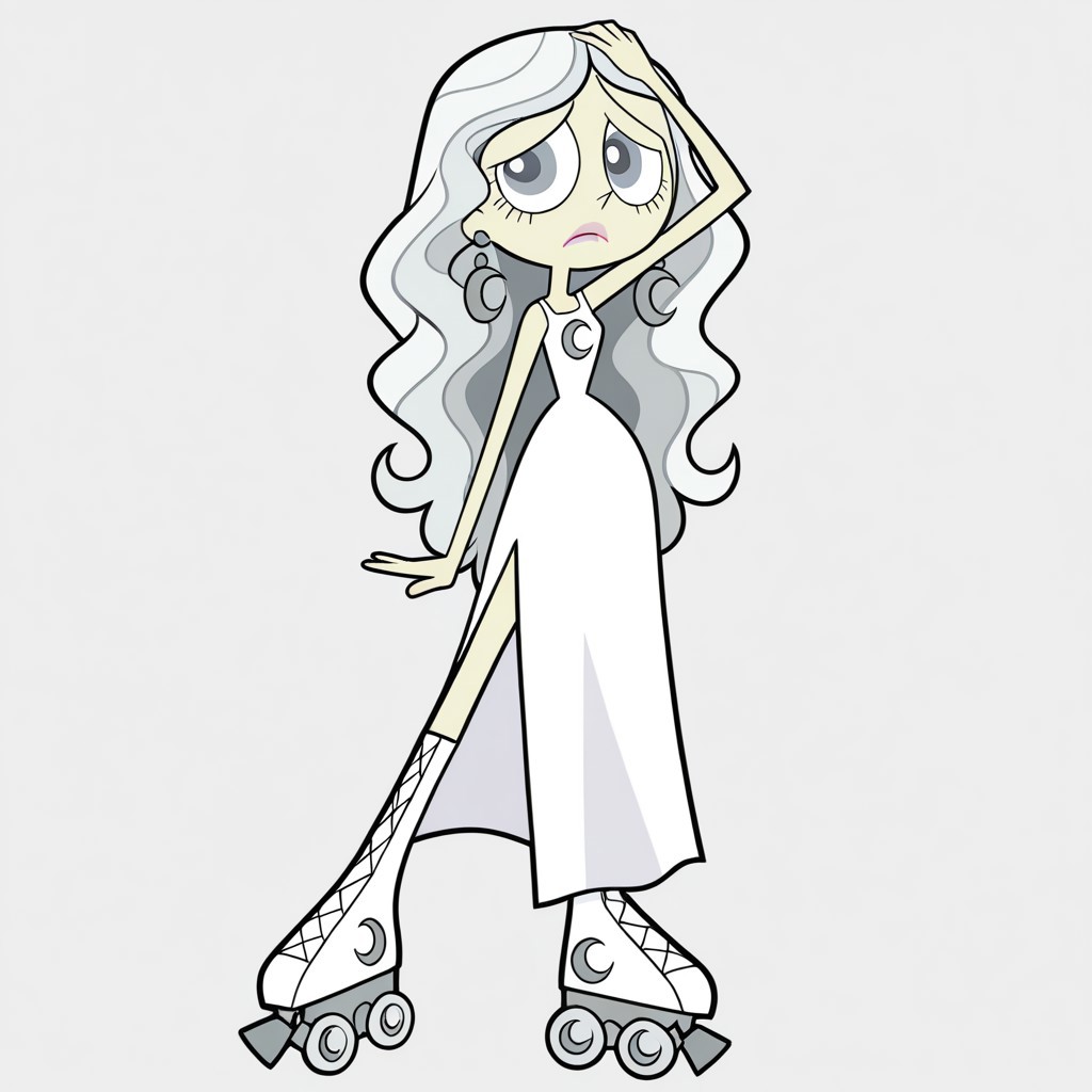 masterpiece, best quality, amazing quality, 
perfect cute face, on model, accurate art style, cartoon screencap, show accurate, moonmwatgg, 1girl, solo, white hair, long hair, wavy hair, gray eyes, light pink lipstick, crescent moon earrings, white sleeveless dress, long dress, white roller skates, full body, frown, looking at viewer, outstretched leg, hand on head, simple background