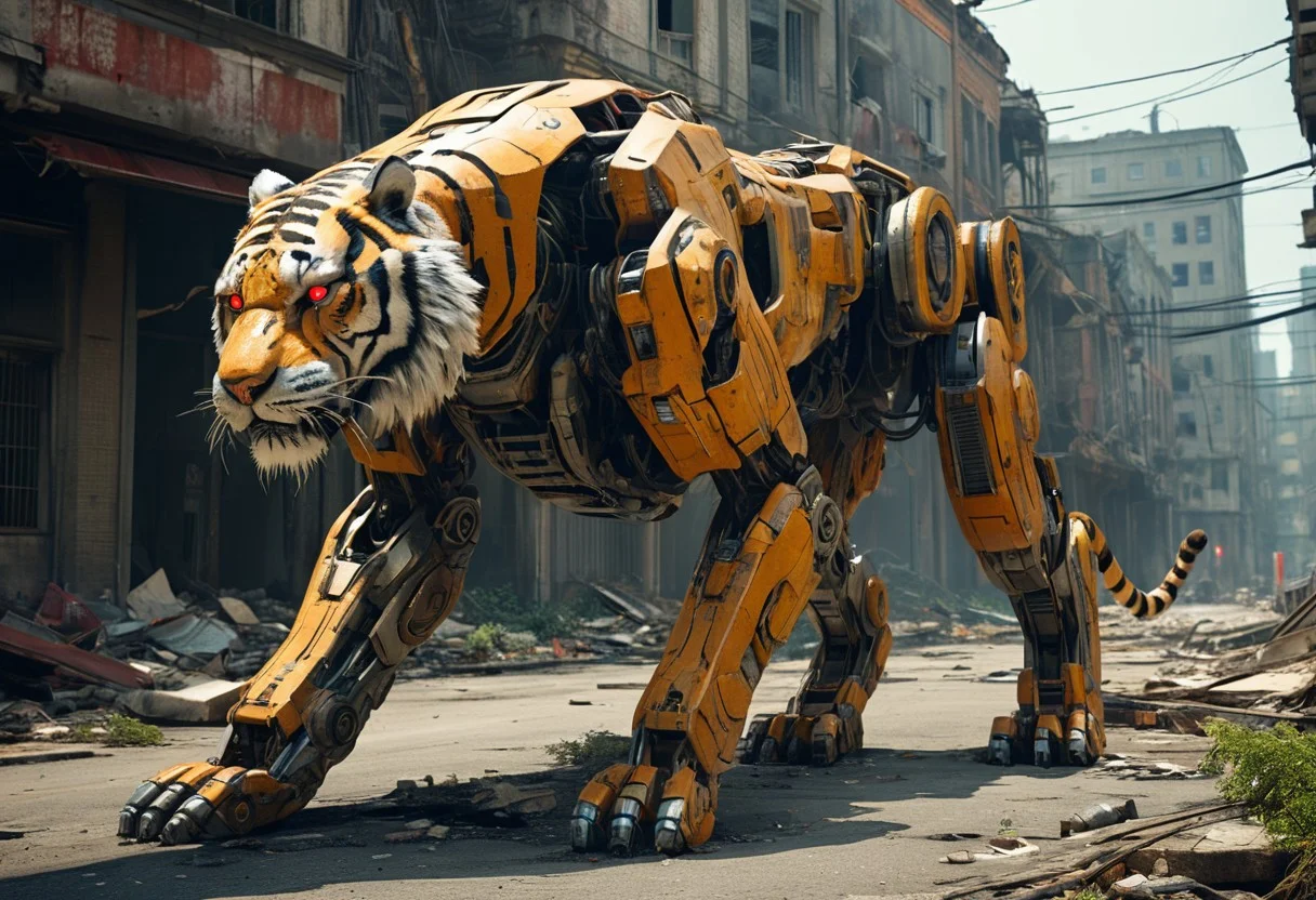 masterpiece, best quality, good quality, a giant robotic tiger walks the streets of a crumbling city. Science fiction, tiger, robot joints, no humans, glowing, red eyes, surreal, cinematic, natural lighting, city, street, mecha, rubble, crumbling building, overgrown, nature reclaiming an abandoned city, cityscape, post apocalypse,
