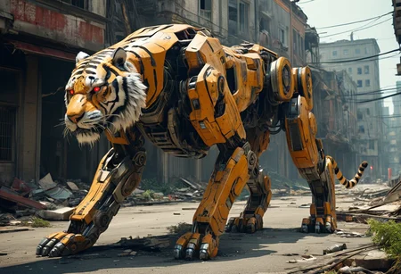 masterpiece, best quality, good quality, a giant robotic tiger walks the streets of a crumbling city. Science fiction, tiger, robot joints, no humans, glowing, red eyes, surreal, cinematic, natural lighting, city, street, mecha, rubble, crumbling building, overgrown, nature reclaiming an abandoned city, cityscape, post apocalypse,